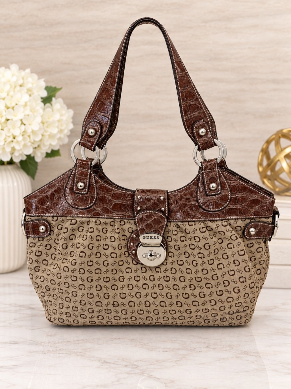 NEW GUESS Tote BAG WITH TEXTURED LEATHER G logo print vintage Y2K BROWN